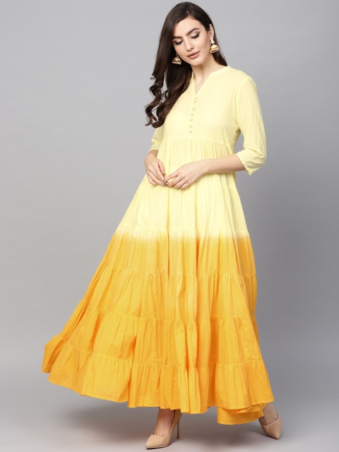 AKS Women Cream-Coloured & Yellow Dyed Anarkali Kurta