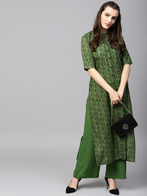 AKS Women Green Printed Kurta with Palazzos
AKS Women Green Printed Kurta with Palazzos