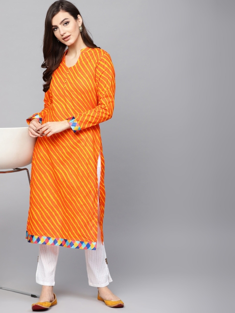 AKS Women Orange & Yellow Leheriya Print Straight Kurta