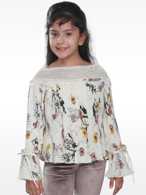 CUTECUMBER Girls Cream-Coloured Printed Cinched Waist Top