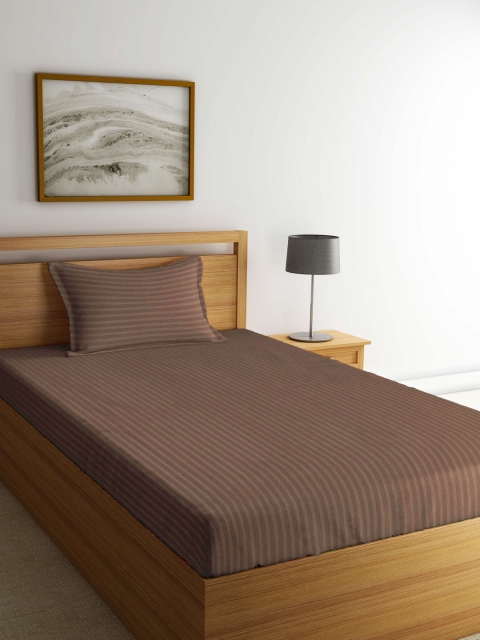 Trident Brown Striped Flat 210 TC Cotton Single Bedsheet with 1 Pillow Cover