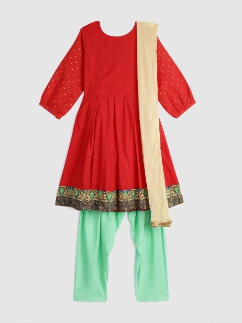 YK Girls Red & Green Solid Kurta with Salwar & Dupatta