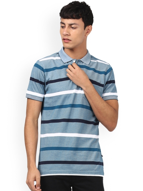 Parx Men Blue Striped Polo Collar T-shirt