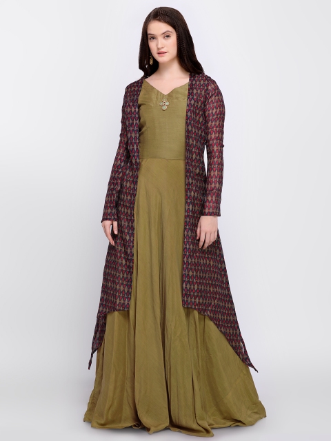 Stylee LIFESTYLE Olive Green & Red Art Silk Semi-Stitched Gown Material with Jacket
