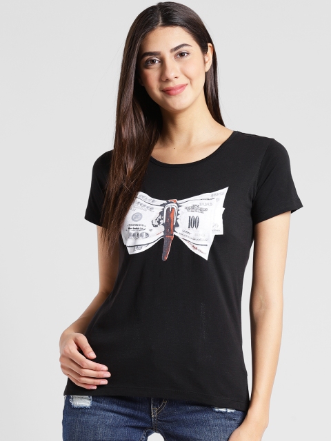 plusS Women Black Printed Round Neck T-shirt