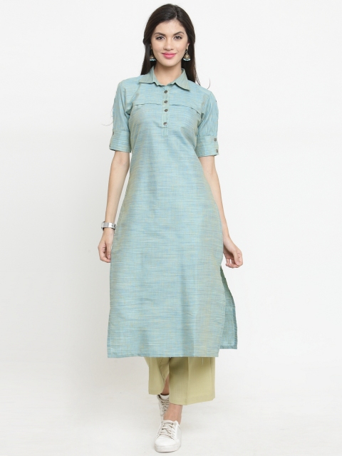 Indibelle Women Turquoise Blue Woven Design Straight Kurta