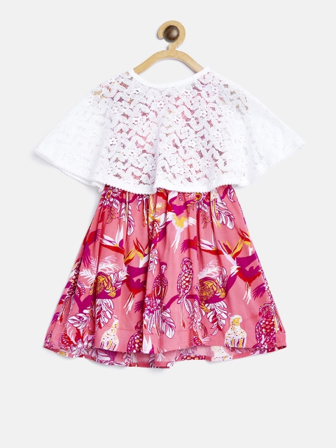 Bella Moda Girls Coral Pink Printed Fit and Flare Dress with Cape