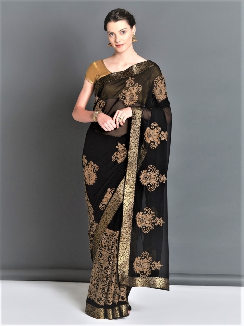 Mitera Black Embroidered Poly Georgette Saree