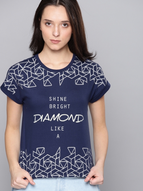 NUSH Women Navy Printed Round Neck T-shirt, Navy blue