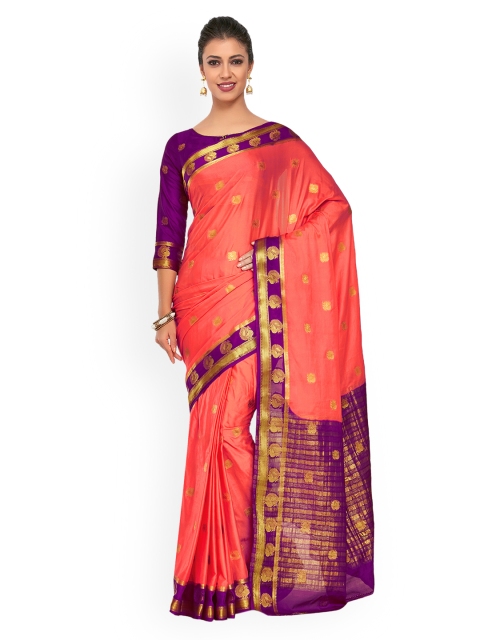 MIMOSA Coral-Coloured & Purple Poly Crepe Woven Design Kanjeevaram Saree