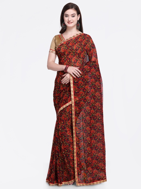 Shaily Red & Navy Blue Pure Georgette Printed Saree