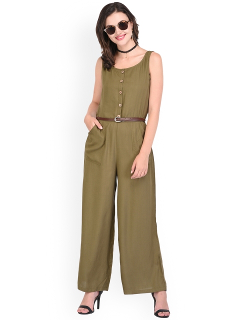 PURYS Olive Green Solid Basic Jumpsuit