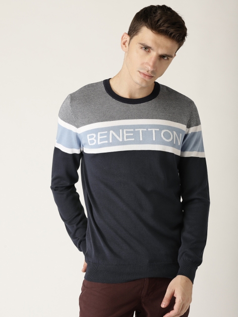 United Colors of Benetton Men Navy Blue & Grey Colourblocked Pullover