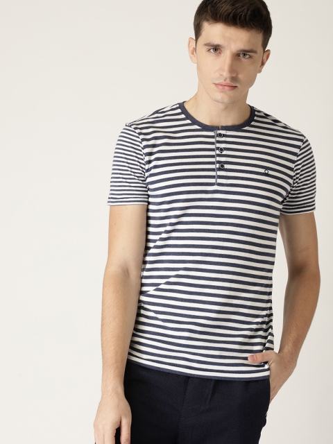 United Colors of Benetton Men Navy Blue & White Striped Henley Neck T-shirt