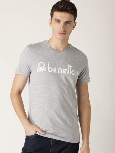 United Colors of Benetton Men Grey Melange Printed Round Neck T-shirt