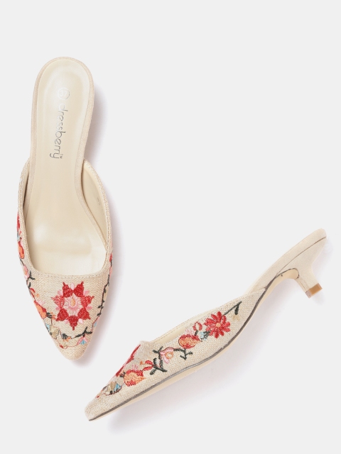 DressBerry Women Beige Embroidered Jute Mules