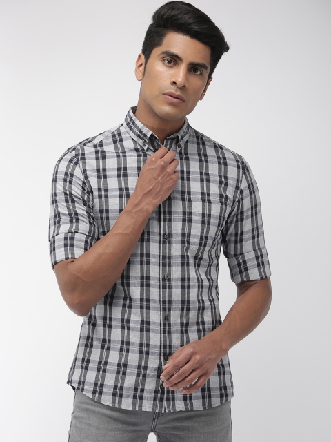 Celio Men Grey & Navy Blue Slim Fit Checked Casual Shirt