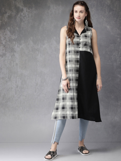 Anouk Women Black & White Checked A-Line Kurta