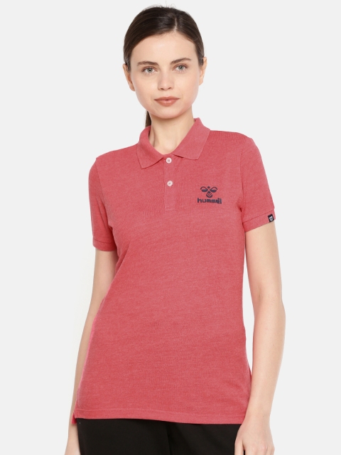 hummel Women Pink Solid Polo Collar T-shirt