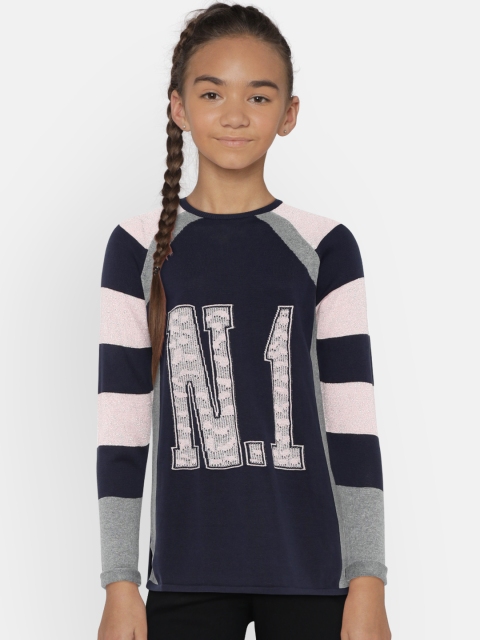 United Colors of Benetton Girls Navy Blue & Pink Self Design Pullover