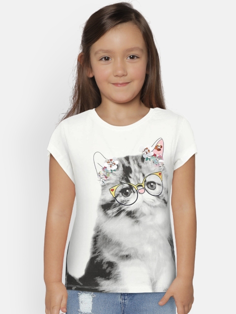 United Colors of Benetton Girls White Printed Round Neck T-shirt, Off white
