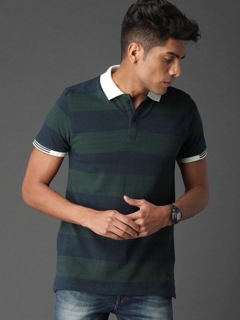 Roadster Men Green & Navy Blue Striped Polo Collar T-shirt