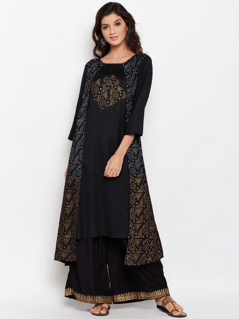 studio rasa Women Black & Gold-Toned Block Printed Layered Kurta with Palazzos
studio rasa Women Black & Gold-Toned Block Printed Layered Kurta with Palazzos
