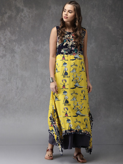 Anouk Women Yellow & Navy Blue Quirky Printed Straight Kurta 
Anouk Women Yellow & Navy Blue Quirky Printed Straight Kurta