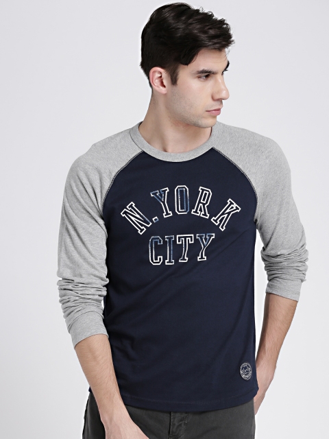GAP Men's Navy Blue & Grey Long Sleeve Colorblock Printed Tshirt