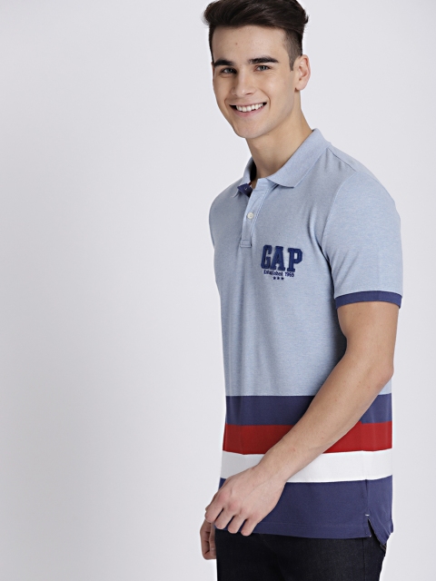 GAP Men's Blue Melange Polo T-Shirt with Striped Hem