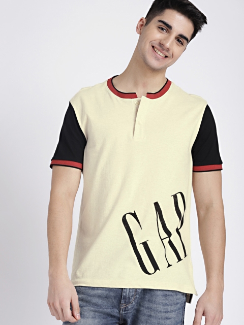 GAP Men's Cream-Coloured Logo Short Sleeve Henley