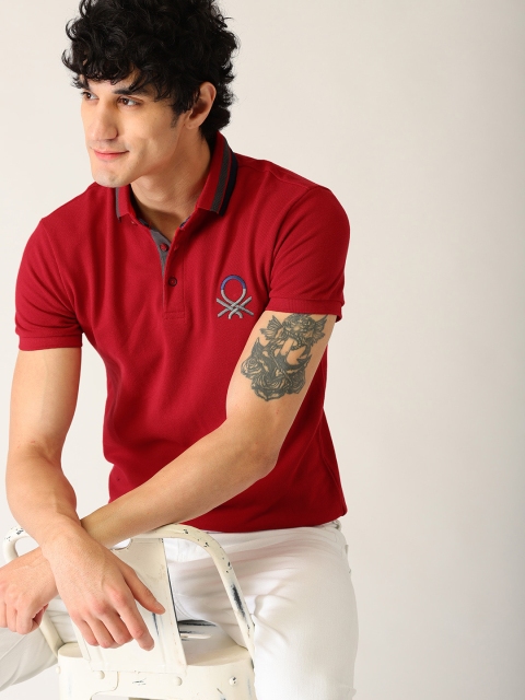 United Colors of Benetton Men Red Solid Polo Collar T-shirt