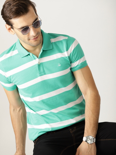 United Colors of Benetton Men Sea Green & White Striped Polo Collar T-shirt