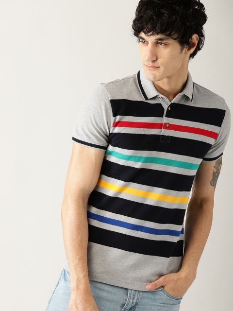 United Colors of Benetton Men Grey & Black Striped Polo Collar T-shirt