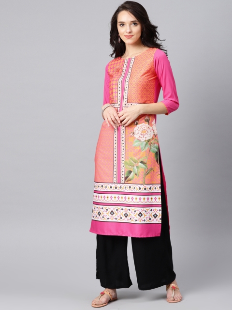 AHIKA Women Orange & Pink Printed Straight Kurta