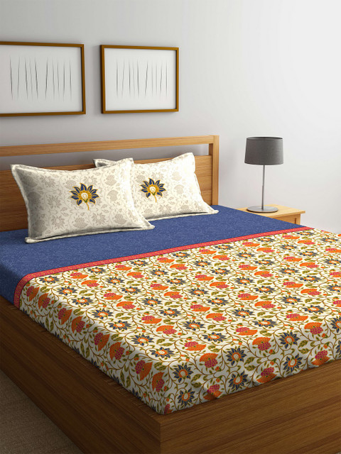 Portico New York Blue & Cream-Coloured Ethnic Motifs Flat 144 TC Cotton 1 King Bedsheet with 2 Pillow Covers
Portico New York Blue & Cream-Coloured Ethnic Motifs Flat 144 TC Cotton 1 King Bedsheet with 2 Pillow Covers