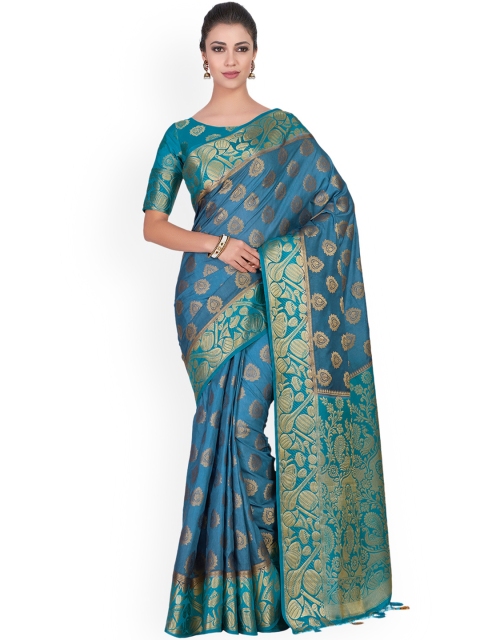 MIMOSA Blue & Green Woven Design Kanjeevaram Saree