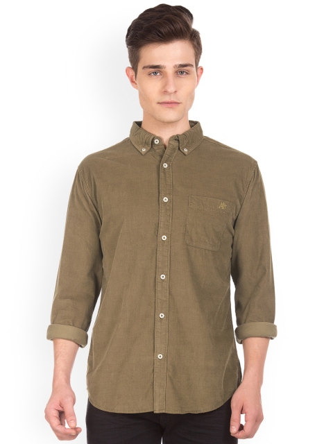 Aeropostale Men Olive Brown Regular Fit Self Design Casual Shirt