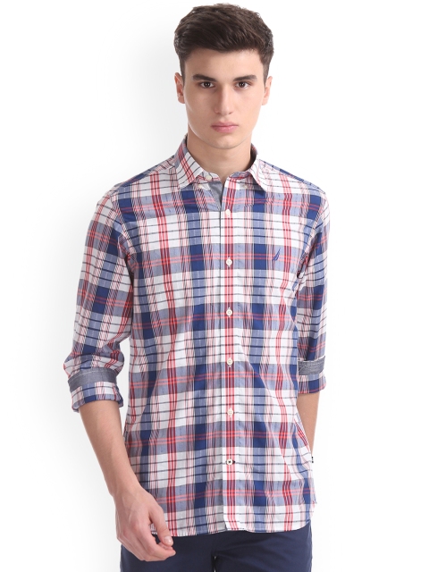 Nautica Men Blue Long Sleeve Plaid Shirt With Cording