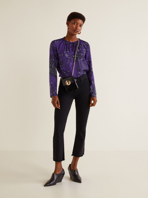 MANGO Women Purple & Black Printed Top