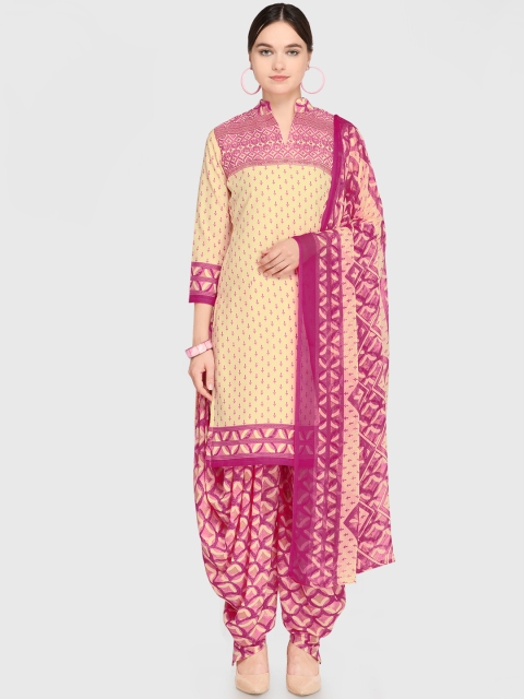 Satrani Cream-Coloured & Pink Unstitched Dress Material