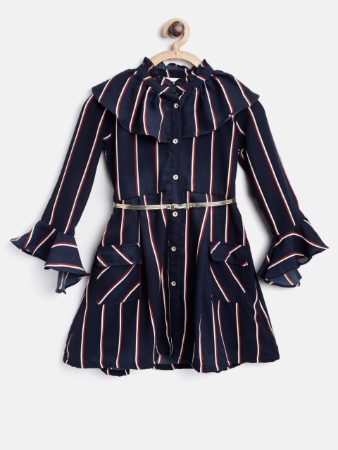 Peppermint Girls Navy Striped Shirt Dress, Navy blue
