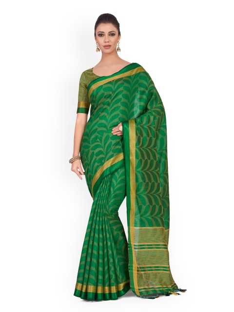 MIMOSA Green & Gold-Toned Poly Chiffon Woven Design Kanjeevaram Saree