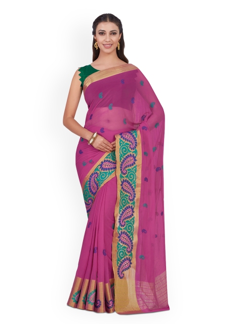 MIMOSA Pink & Sea Green Poly Chiffon Embroidered Kanjeevaram Saree