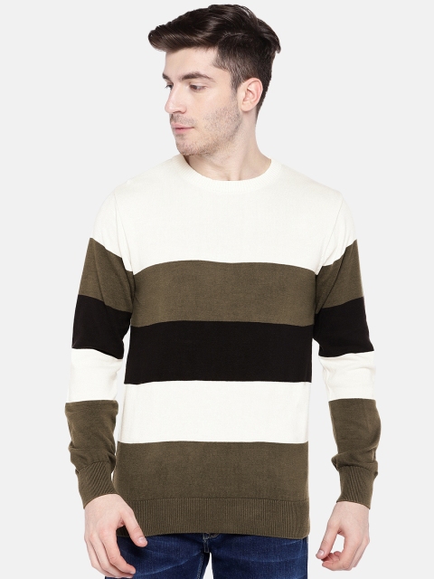 People Men Green & White Colourblocked Pullover