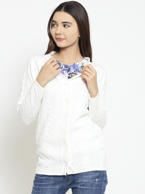 Madame Women White Self Design Cardigan