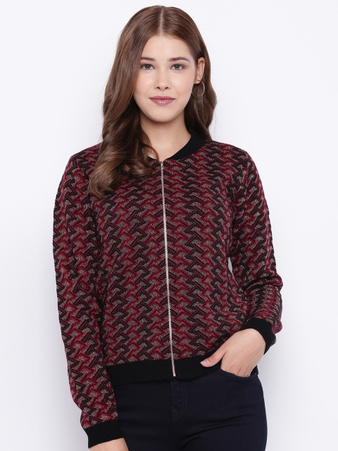 Madame Women Maroon & Black Self Design Cardigan