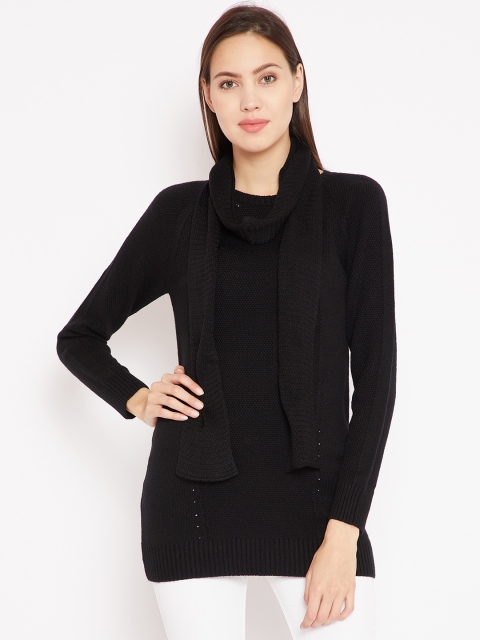 Madame Women Black Self Design Longline Pullover