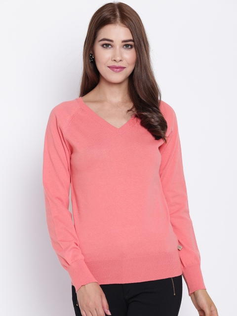 Madame Women Peach-Coloured Solid Pullover