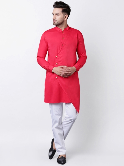 I Know Men Coral Red Solid Kurta with Trousers